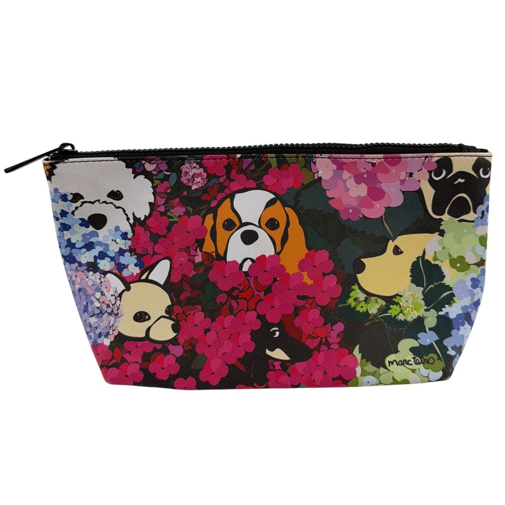 Marc Tetro Dog Floral Cosmetic Bag Saffiano Pouch Striped Lining Makeup Bag